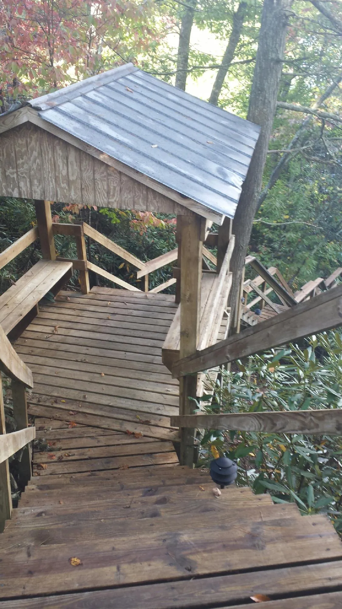Metal roofed shelter over wooden steps on a wooded walkway — Skylight Repair & Installation work by our crew in Maple